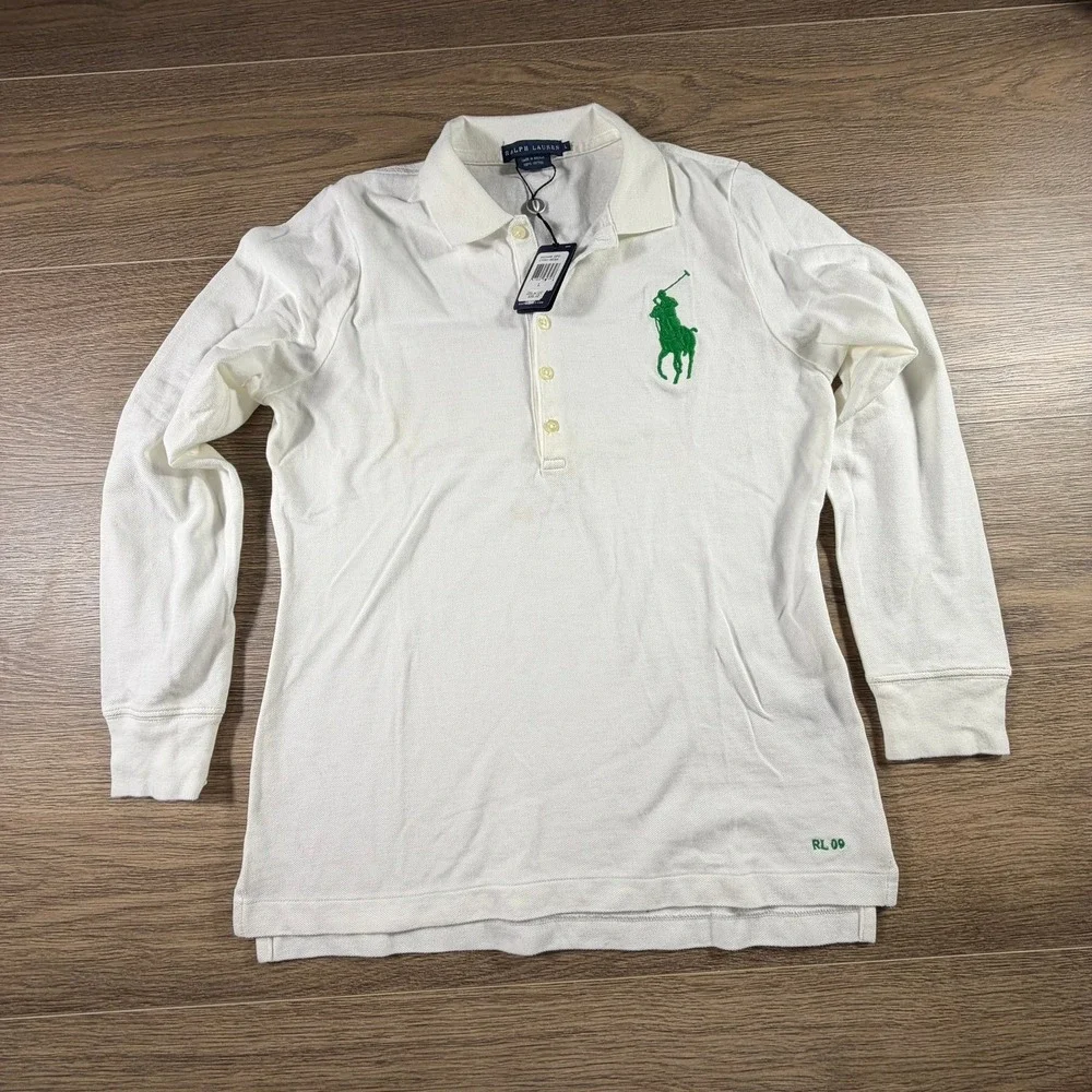 Ralph Lauren Kids Big Pony Mesh Polo Shirt White Green Long Sleeve Size L NWT